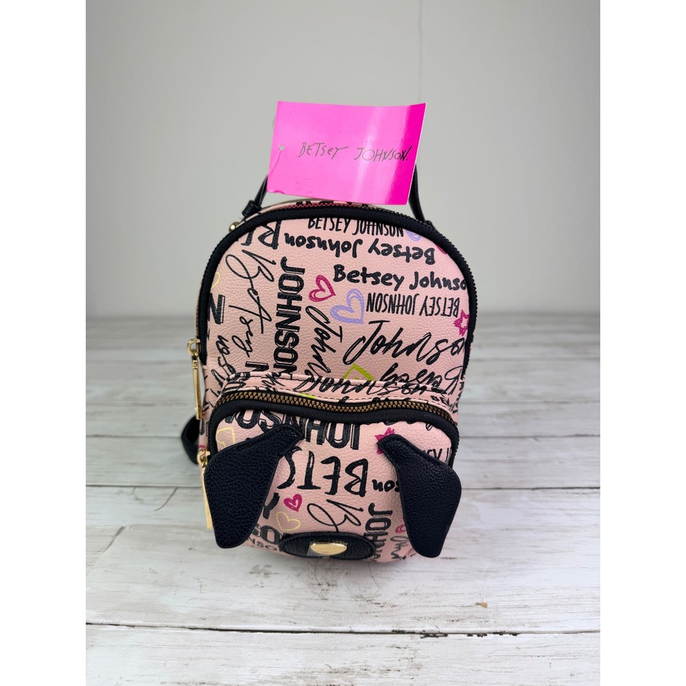 Betsey Johnson Mini Backpack Pink Logo Heart Print Puppy Face Bag New
